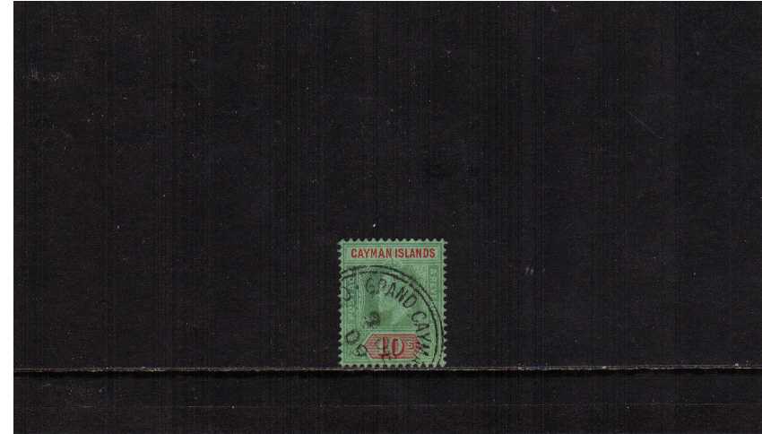 10/- Green and Red on Green superb fine used cancelled with a double ring GRAND CAYMAN  CDS. <br/>ns0307