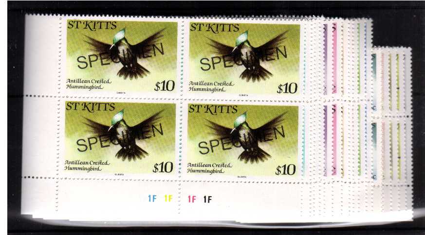 Birds set of eighteen in superb unmounted mint SW corner blocks of four overprinted SPECIMEN.