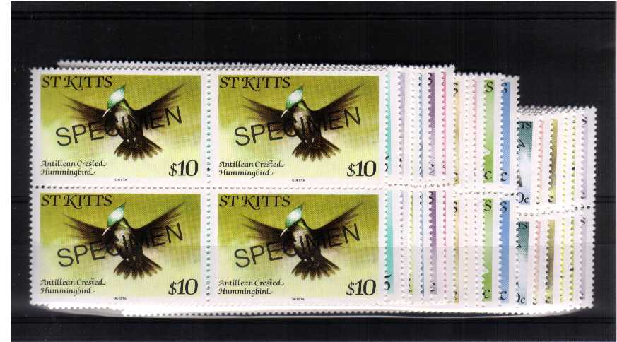 Birds set of eighteen in superb unmounted mint blocks of four overprinted SPECIMEN.

