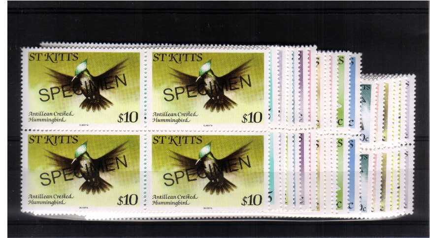 Birds set of eighteen in superb unmounted mint blocks of four overprinted SPECIMEN.
