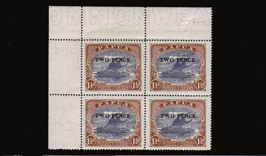 TWO PENCE overprint on 1絛 Lakatoi in a superb unmounted mint NW corner block of four (hing mark on margin) showing the listed variety ''POSTACE'' at right. Nice positional variety. SG Cat �6 for hinged. <br/><br/>
<b>NYQ08</b>