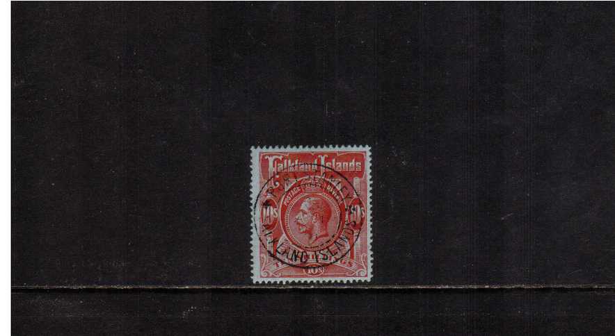 10/- Red on Green - A stunning ''socked-on-the-nose'' cancel for PORT STANLEY with the benefit of a SISMONDO certificate stating that the stamp has a forged cancellation. <br/><br/>
<b>NYQ08</b>