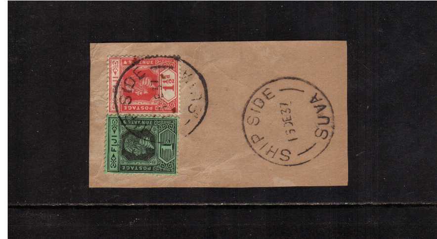 1絛 Scarlet and 1/- Black on Emerald tied to small piece with a large single ring date stamp reading SHIP SIDE - SUVA dated 16 DE 37. Pretty and unusual. <br/><br/>
<b>NYQ08</b>