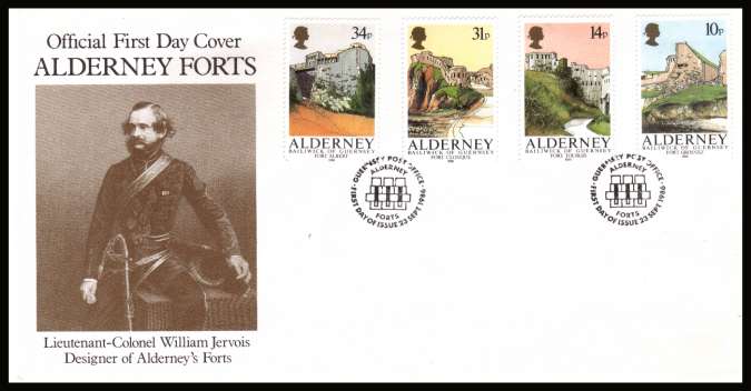 Alderney Forts set of four
on unaddressed illustrated First Day Cover with special cancel.