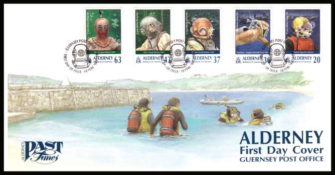 21st Anniversary of Alderney Diving Club
set of five on unaddressed illustrated First Day Cover with special cancel.