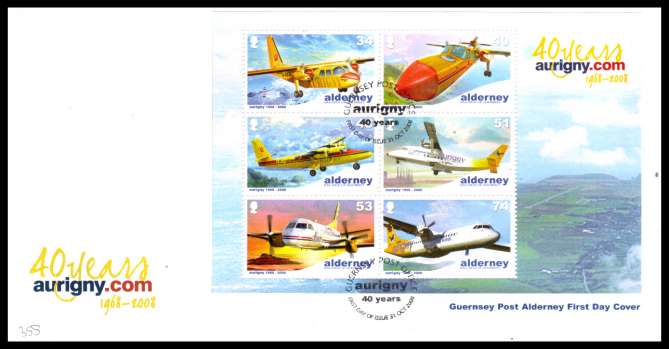 Aurigny Air Services Aircraft minisheet on unaddressed illustrated First Day Cover with special cancel.