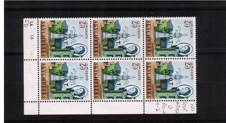 25c in a lightly mounted mint SE corner block of six showing the variety ''No Stop after ''I''.