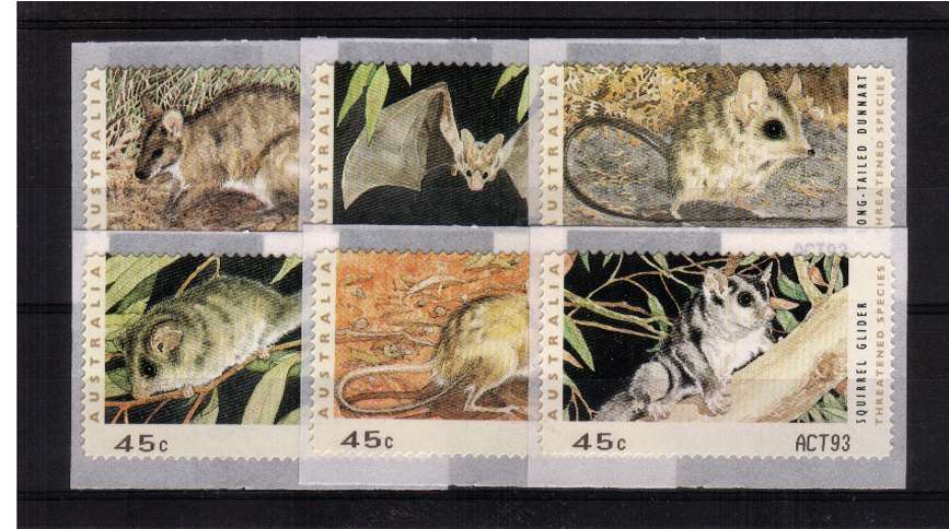 COUNTER PRINTED STAMPS<br/>
Endangered Species<br/>Complete set of six self adhesive bearing ACT93 imprint on SE corner for CANBERRA<br/>Issue Date: 23 OCTOBER 1993