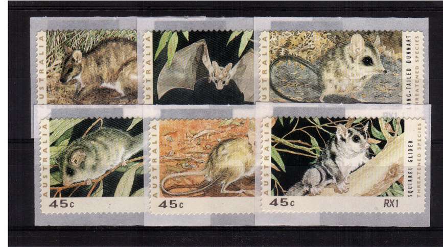 COUNTER PRINTED STAMPS<br/>
Endangered Species<br/>Complete set of six self adhesive bearing RX1 imprint on SE corner for SYDNEY<br/>Issue Date: 8 NOVEMBER 1993