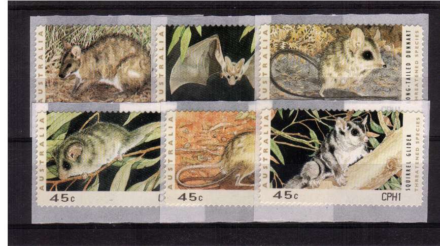 COUNTER PRINTED STAMPS<br/>
Endangered Species<br/>Complete set of six self adhesive bearing CPH1 imprint on SE corner for CANBERRA<br/>Issue Date: 20 DEC 1999