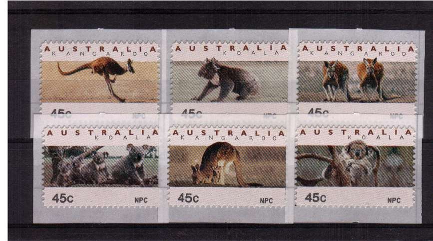 COUNTER PRINTED STAMPS<br/>
Koalas & Kangaroos <br/>Complete set of six self adhesive bearing NPC imprint on SE corner for National Philatelic Center<br/>Issue Date: 17 NOVEMBER 1994