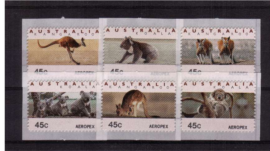 COUNTER PRINTED STAMPS<br/>
Koalas & Kangaroos <br/>Complete set of six self adhesive bearing AEROPEX imprint on SE corner  <br/>Issue Date: 18 NOVEMBER 1994