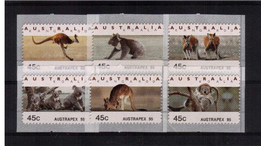 COUNTER PRINTED STAMPS<br/>
Koalas & Kangaroos <br/>Complete set of six self adhesive bearing AUSTRAPEX 95 imprint on SE corner for <br/>Issue Date: 28 FEBRUARY 1995
