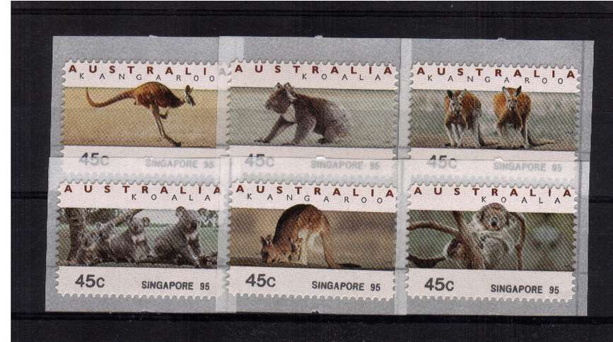 COUNTER PRINTED STAMPS<br/>
Koalas & Kangaroos <br/>Complete set of six self adhesive bearing SINGAPORE 95 imprint on SE corner  <br/>Issue Date: 1 SEPTEMBER 1995