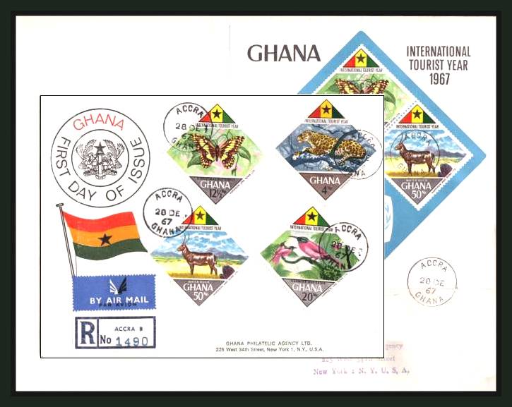 The International Tourist Year set of four stamps and minisheet on two First Day Covers<br/>(one laid on the other for the purpose of scanning here)<br/>A scare set fine used and especially scarce on FDC.<br/>SG Cat for used soaked off 35.00
<br/><b>QXQ