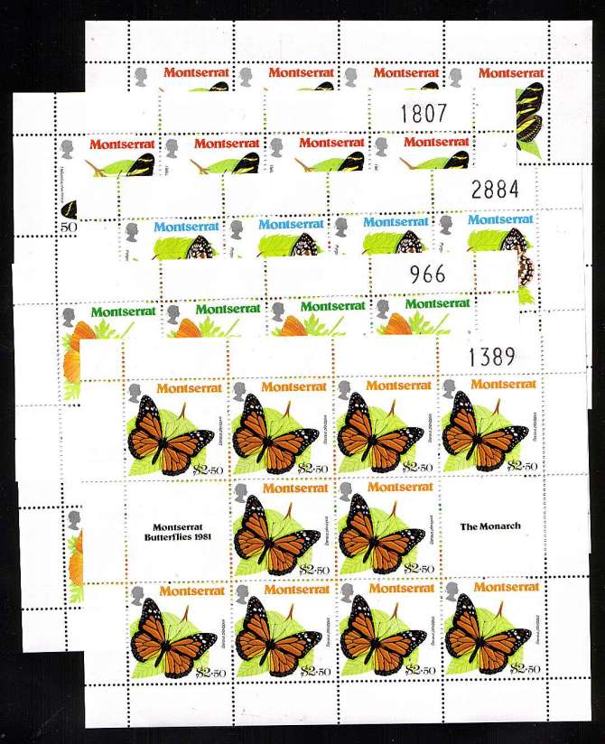 The Butterflies set of four in special sheetlets of ten together with a matching sheetlet of the 50c with INVERTED WATERMARK all superb unmounted mint. Five sheetlets in total.