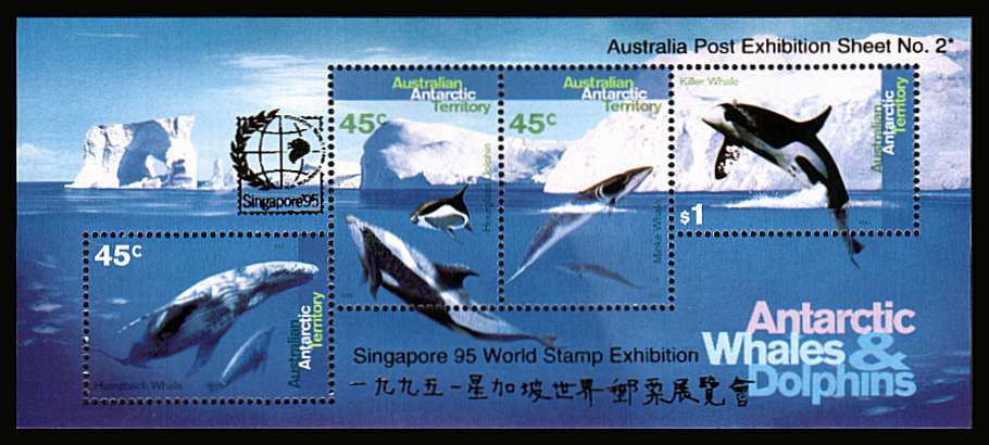 Antarctic Whales and Dolphins minisheet superb unmounted mint with GOLD overprint for SINGAPORE 95 stamp exhibition. Australia Post Exhibition Sheet No 2. Scarce.<br/><b>ZQF</b>