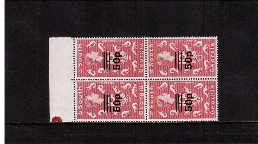 50p definitive with GLAZED PAPER and WATERMARK UPRIGHT<br/>in a superb top marginal unmounted mint block of four.<br/><b>ZQF</b>