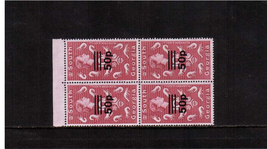 50p definitive with GLAZED PAPER and WATERMARK UPRIGHT<br/>
in a superb top marginal unmounted mint block of four.<br/><b>ZQF</b>
