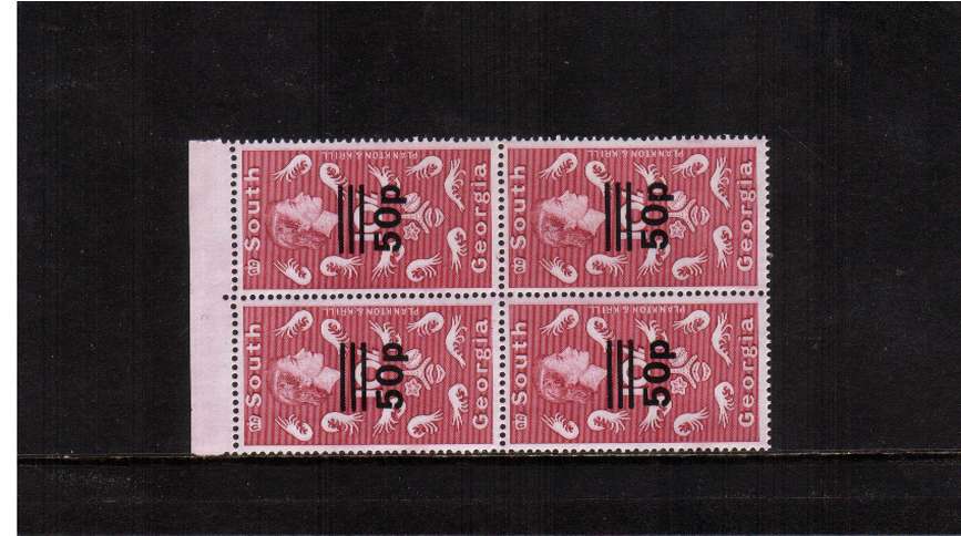 50p definitive with GLAZED PAPER and WATERMARK UPRIGHT<br/>
in a superb top marginal unmounted mint block of four.<br/><b>ZQF</b>
