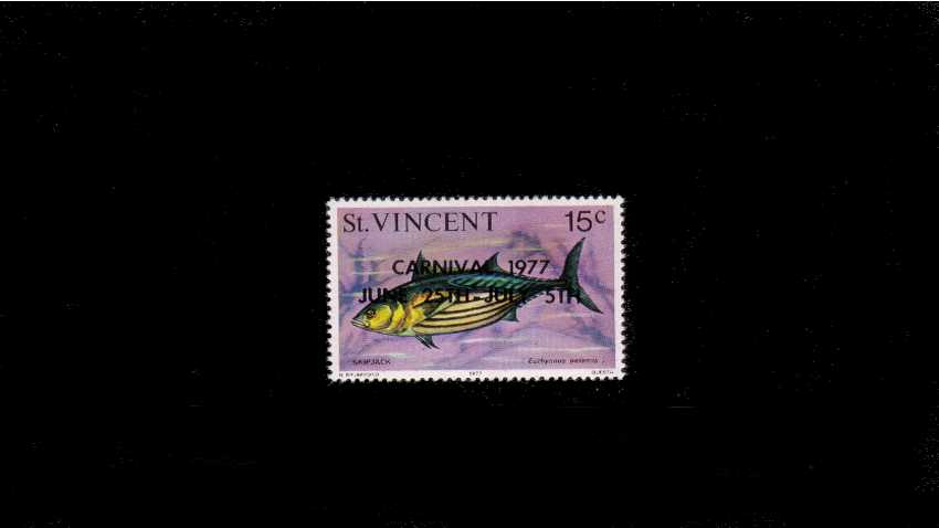 the 15c fish single with the CARNIVAL 1977 overprint in in BLACK not Red.<br/>A superb unmounted mint single.