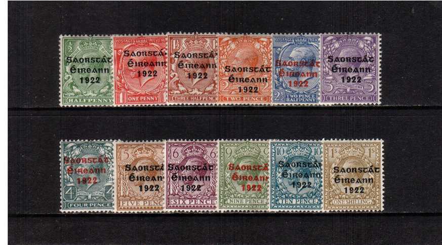 The SAORSTAT 3 line overprint set to the 1/- value set of twelve lightly mounted mint