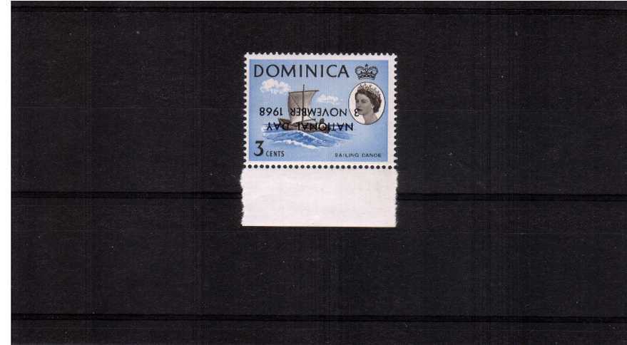 The NATIONAL DAY overprint on the 3c Sailing Canoe. A superb unmounted mint lower marginal single showing OVERPRINT INVERTED. 
<br/><b>ZKB</b>