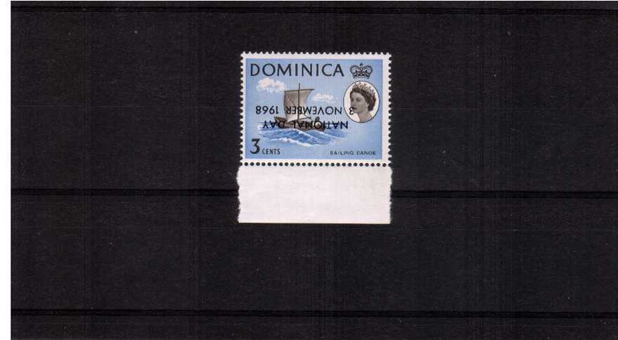 The NATIONAL DAY overprint on the 3c Sailing Canoe. A superb unmounted mint lower marginal single showing OVERPRINT INVERTED. 
<br/><b>ZKB</b>