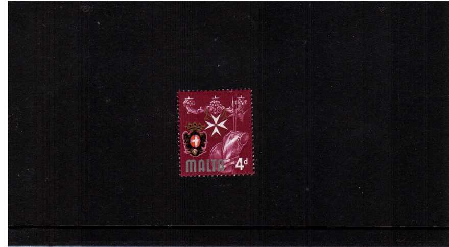 The 4d definitive single showing ''KNIGHTS OF MALTA (SILVER) OMITTED''. A superb unmounted mint single.
<br/><b>ZKG</b>