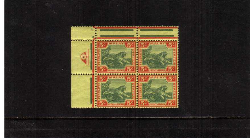 The ''Leaping Tiger'' 5c Geen and Carmine on Yellow.<br/>A superb unmounted mint NW corner block of four.
<br/><b>ZKM</b>