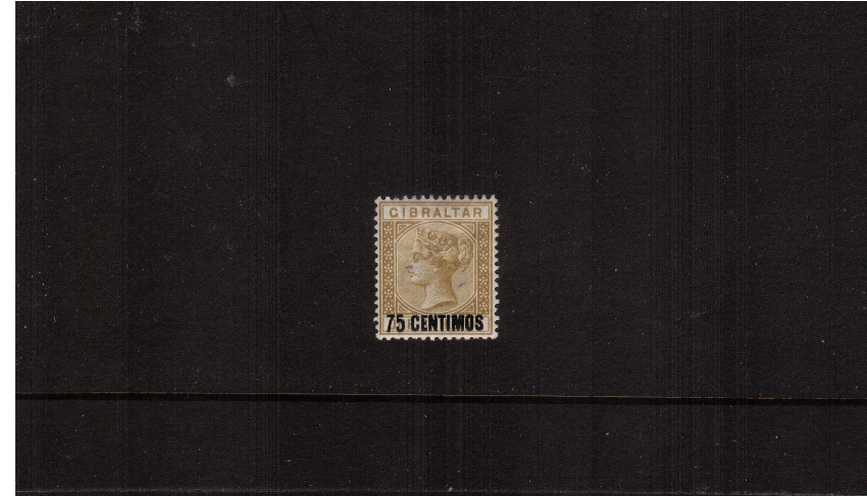 The 75c on 1/- Bistre Spanish currency overprint single.<br/>A fine lightly mounted mint single.

