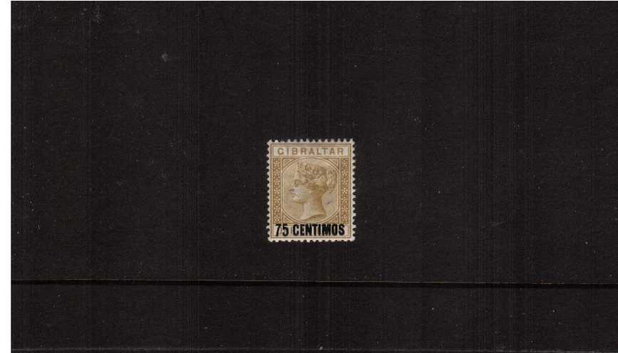 The 75c on 1/- Bistre Spanish currency overprint single.<br/>A fine lightly mounted mint single.
