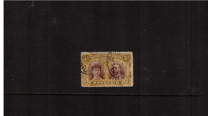 5d The Purple-Brown and Ochre colour error - Perforation 14<br/>A good fine used stamp with a few short perforations.<br><b>ZKX</b>