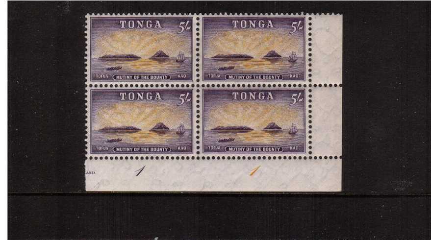 The 5/- Orange-Yellow and Slate Violet showing ''Mutiny on the Bounty'' ship<br/>A superb unmounted mint SE corner plate block of four.