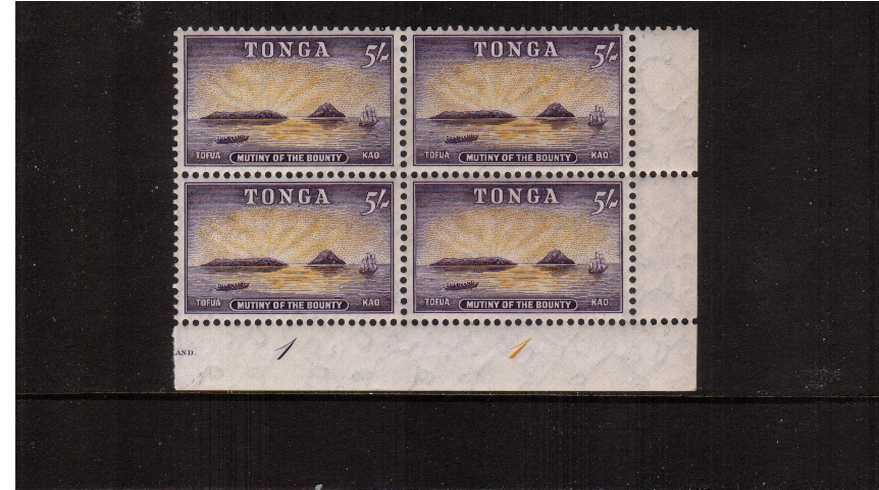 The 5/- Orange-Yellow and Slate Violet showing ''Mutiny on the Bounty'' ship<br/>A superb unmounted mint SE corner plate block of four.
