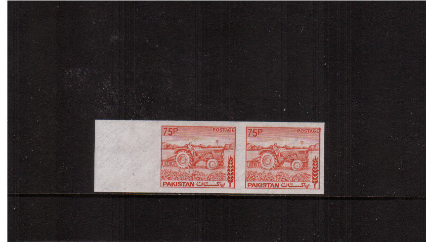 75p Dull Vermilion - Die II on unwatermarked paper with no gum.<br/>A superb left side marginal pair.
<br><b>ZJZ</b>