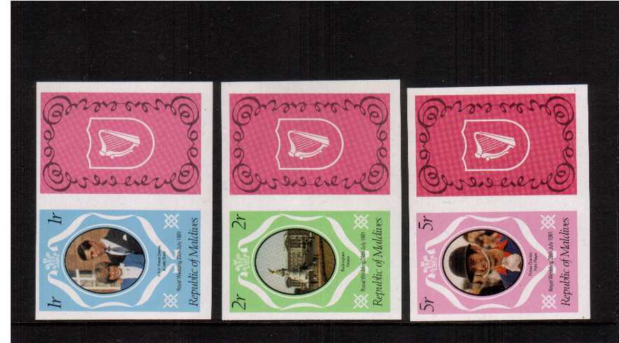 Charles and Diana Royal Wedding<br/>Complete set of three IMPERFORATE with the bonus of the label superb unmounted mint.
<br><b>ZHZ</b>