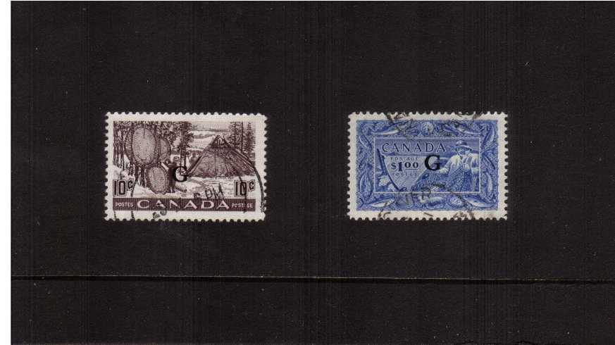 The ''OFFICIALS'' complete set of two overprinted ''G'' superb fine used.<br/>The $1 stamp has been signed on back in pencil by a Canadian expert. Rare set!
<br/><b>ZEZ</b>