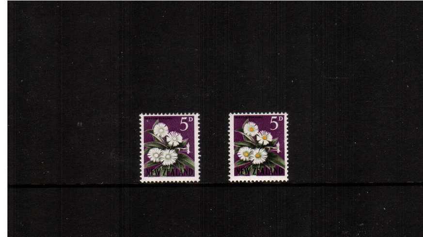 5d Yellow, Deep Green, Black and Violet.<br/>A very fine lightly mounted mint single showing the variety ''YELLOW OMITTED'' that affects the middle of the four flowers with normal for comparison.
<br/><b>ZCZ</b>