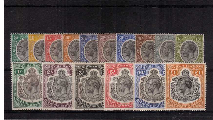 The George V complete set of sixteen superb very, very lightly mounted mint with bright and fresh colours. Several stamps are unmounted. Gem set!
<br/><b>ZCZ</b>