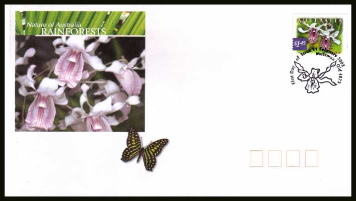 $1.45 Blue Orchid - Rainforest single on an official unaddressed AUSTRALIA POST<br/> colour first day cover dated 11 FEBRUARY 2003