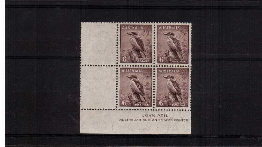 6d Purple-Brown JOHN ASH Imprint SW corner block of four superb unmounted mint (hinged on margin)
<br/><b>ZAZ</b>