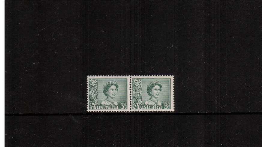 3d Blue-Green in an unmounted mint vertical coil pair showing the distinctive special coil perforations between the two stamps. <br/><b>ZAZ</b>


