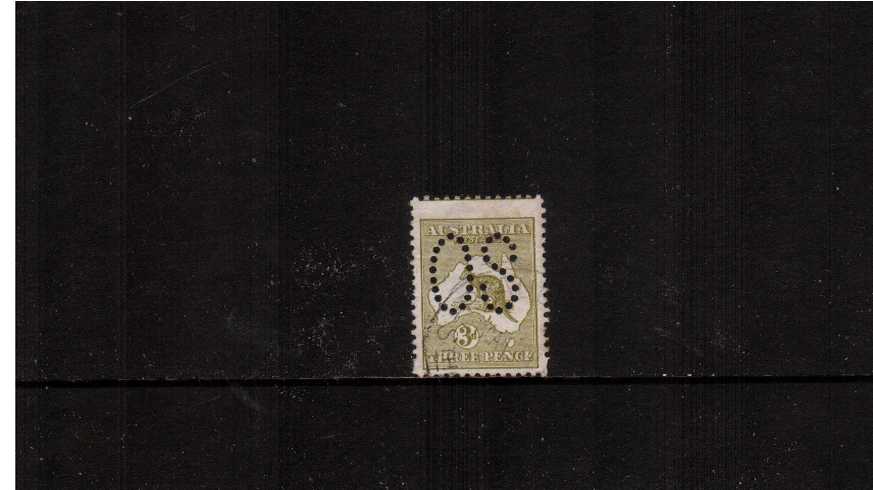 3d Olive - Die I<br/>A very fine used single perforated ''O S''.<br/>An extra tall stamp because of a perforating comb jump!