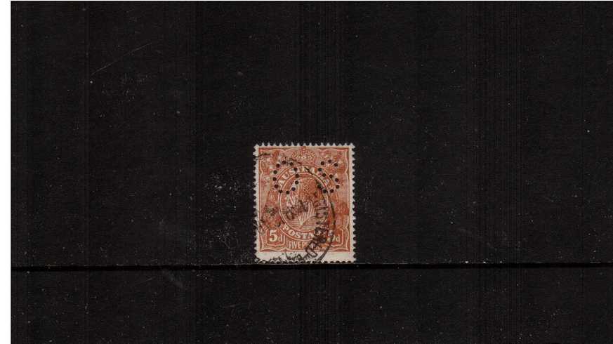 5d Brown - Perfotation 14x14 comb <br/>A good fine used single cancelled with a part CDS perforated ''O S''