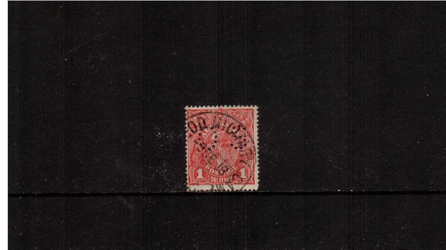 1d Scarlet<br/>A good used single cancelled with a part CDS perforated ''O S'' with a blunt SE corner.