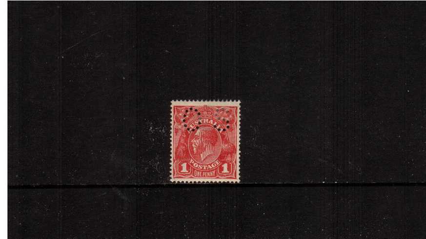 1d Scarlet<br/>A good mounted mint single with a vertical crease. perforated ''O S''