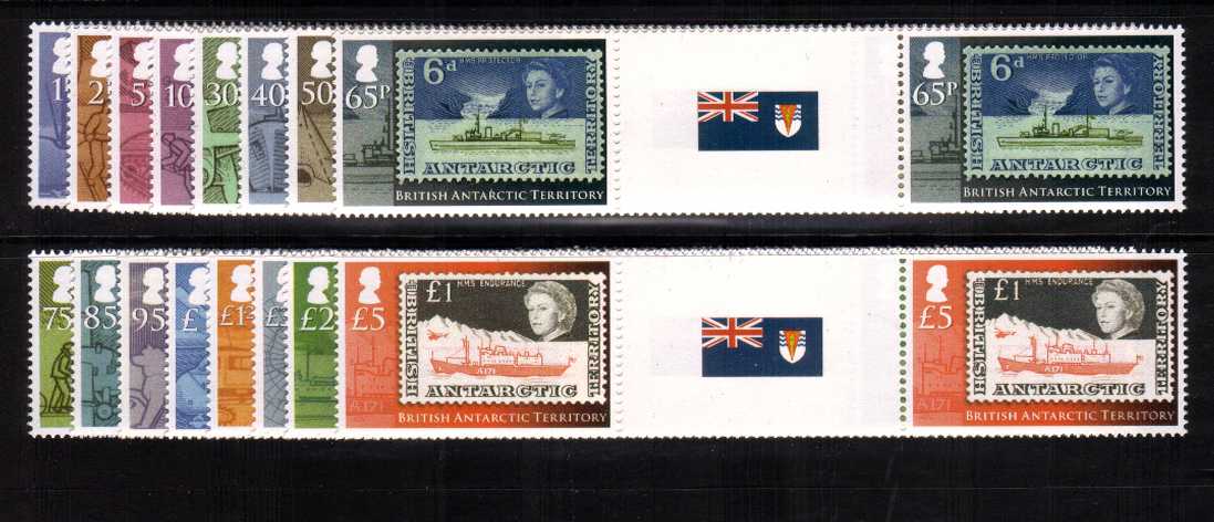The ''Stamp on Stamp'' definitive set of sixteen in superb unmounted mint<br/>
gutter pairs showing the BAT Government Ensign on central label.<br><b>XCX</b>
