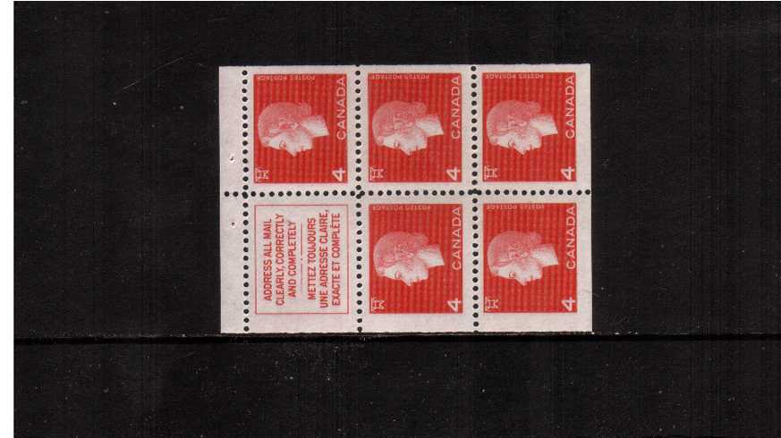 4c Carmine-Red booklet pane of five plus label superb.<br><b>XQX</b>