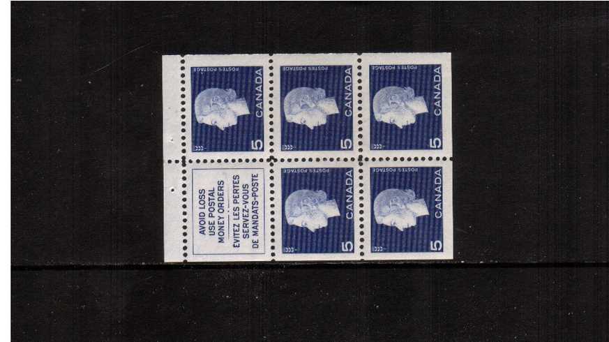 5c Ultramarine booklet pane of five plus label superb unmounted mint.

<br><b>XQX</b>